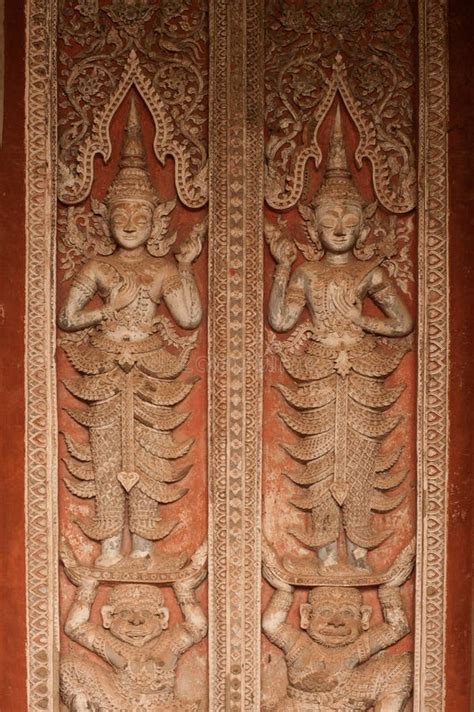 Ancient Laos Art Wood Carving on Church in Hor Phakaeo Temple. Stock ...