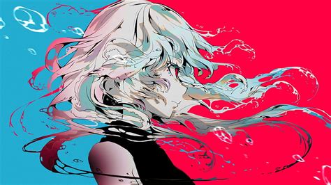 Profile View, Anime Girl, Gray Hair, Polychromatic, Red And Blue ...