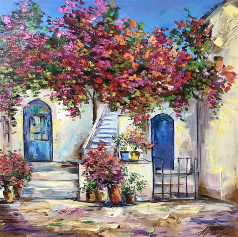 Santorini Painting Original Red Bougainvillea Painting Guest Room Decor ...