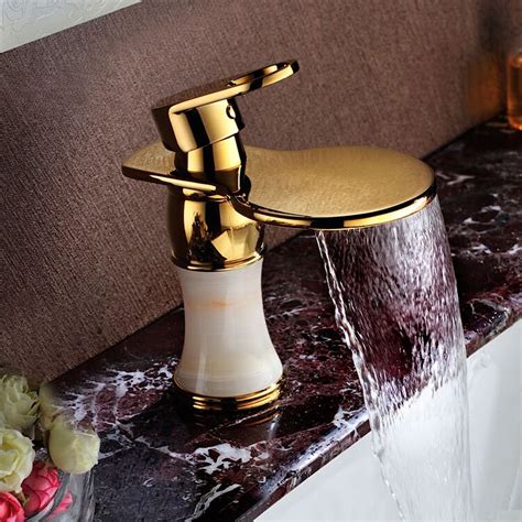 Luxury brass jade gold finished bathroom sink waterfall faucet golden ...