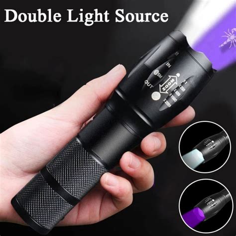 Purple White Dual Light Flashlight LED Ultraviolet Torch Zoom ...