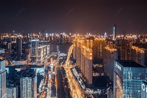 Aerial Photography Of Wuhan City Buildings At Night Shahu Han Street ...