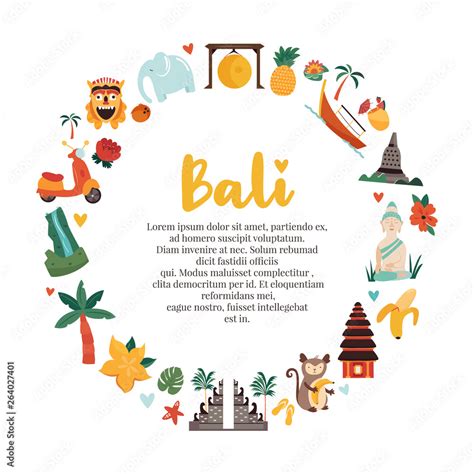 Cartoon illustration with Bali landmarks, symbols Stock Vector | Adobe ...