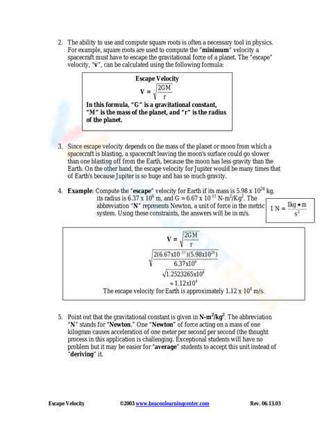 ESCAPE VELOCITY EXAMPLES Worksheet