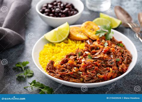 Ropa Vieja, Flank Steak Dish with Rice Stock Photo - Image of dinner ...