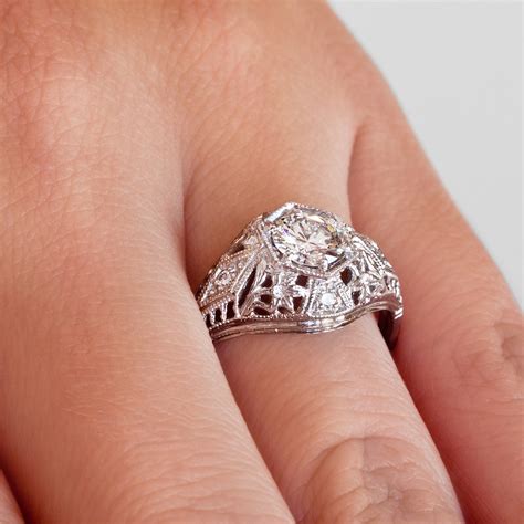 White Gold Filigree Vintage Engagement Ring - Antique 1/2ct Diamond Ring