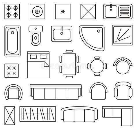 Vector set of outline isolated interior design floor plan objects icons ...