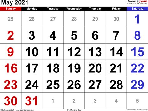 May 2021 - calendar templates for Word, Excel and PDF