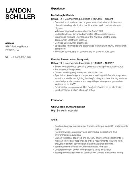 Journeyman Electrician Resume Samples | Velvet Jobs