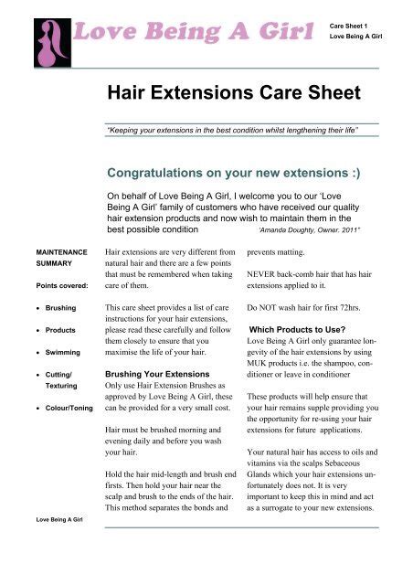 Hair Extensions Care Sheet - Love Being a Girl