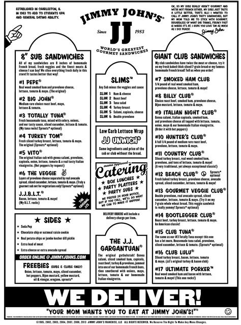 Printable Jimmy Johns Menu