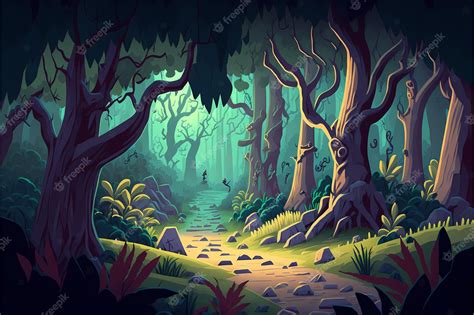 Premium Photo | Background mystical forest illustration, cartoon style ...