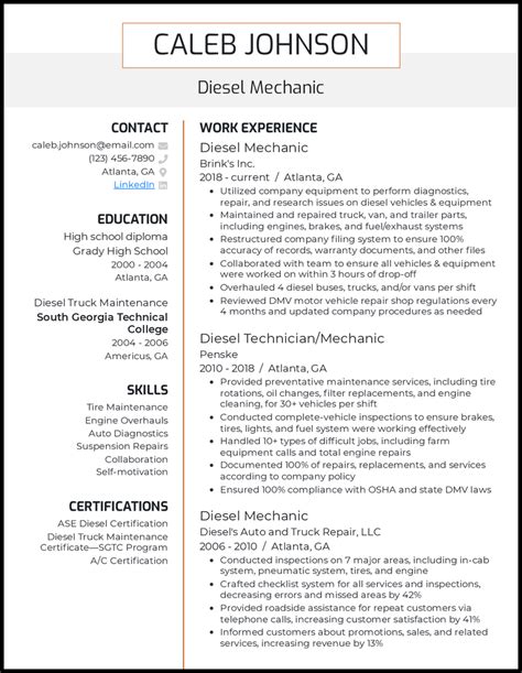 examples resume mechanic