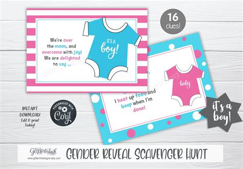 Gender Reveal Scavenger Hunt Clue Cards / Gender Reveal - Etsy | Gender ...