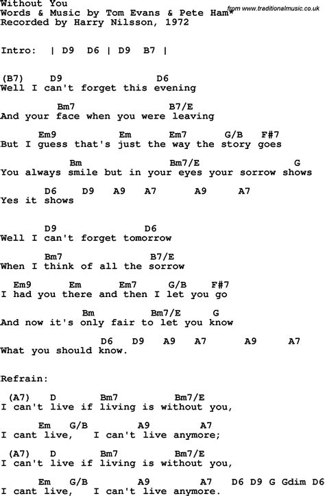 Song lyrics with guitar chords for Without You - Harry Nillson, 1972