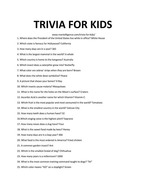 Activity Printables Trivia