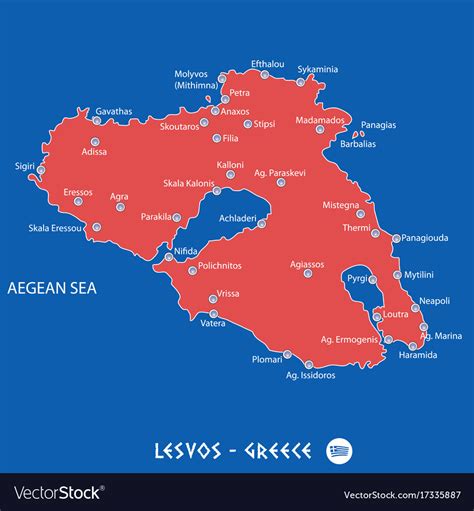 Island of lesvos in greece red map Royalty Free Vector Image