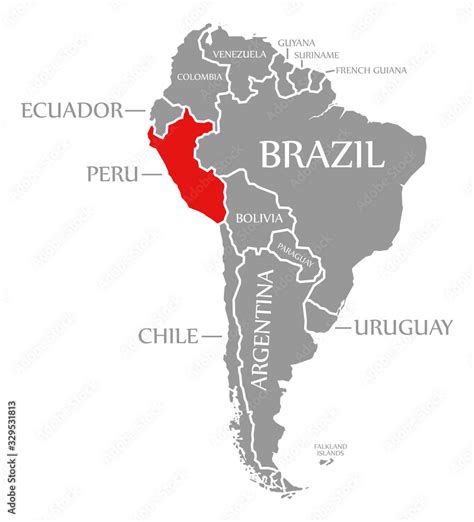 Peru red highlighted in continent map of South America Stock ...