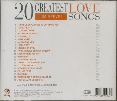 Jim Reeves CD: 20 Greatest Love Songs (CD) - Bear Family Records