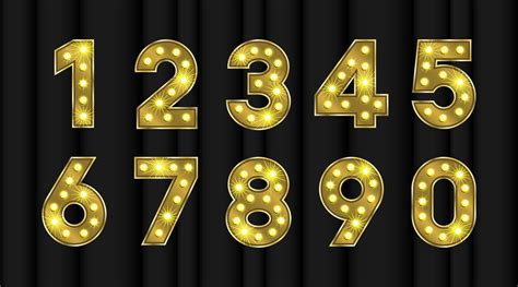 Shiny numbers in metal gold. Marquee font with bulb effect for happy ...