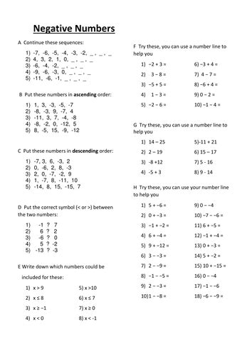 Negative Numbers Worksheet | Teaching Resources