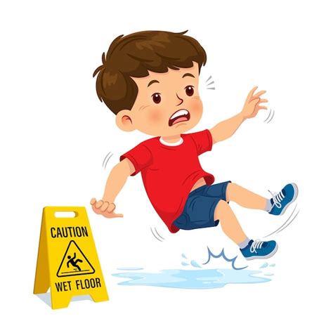 Premium Vector | Cute boy have accident slippery on wet floor near ...