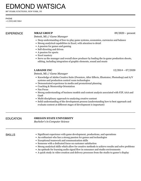 Game Manager Resume Samples | Velvet Jobs