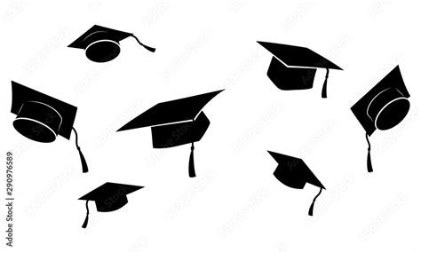 Set of flying graduation caps. Collection of students toss caps. Black ...