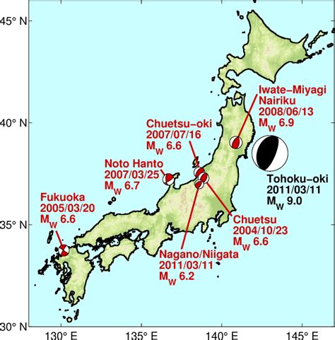 Map of Japan showing the locations and fault mechanisms of the ...