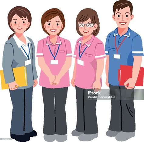 Cartoon Of Four Geriatric Care And Social Workers Smiling Stock ...