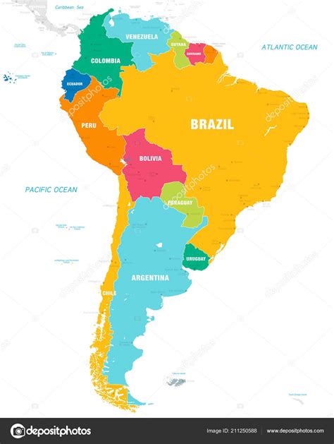 Vector Map South America Continent Countries Capitals Main Cities Seas ...