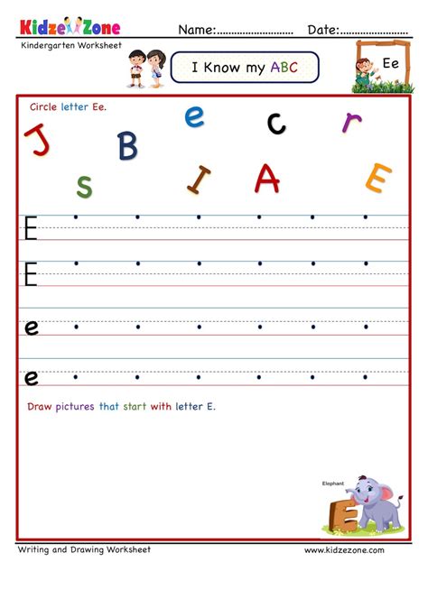 Kindergarten Letter Writing worksheets - Letter E - KidzeZone