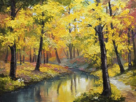 A painting of a river with trees and leaves - Magic Decor