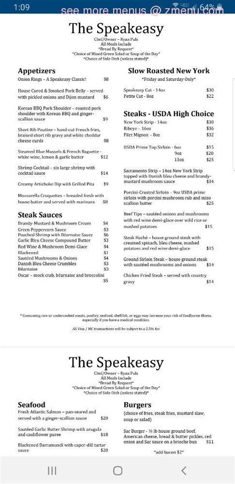 Menu at The Speakeasy pub & bar, USA, S Rd