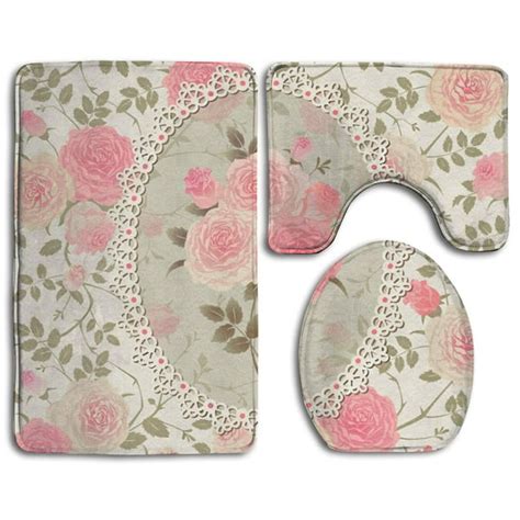 CHAPLLE Pink Roses Flower Floral 3 Piece Bathroom Rugs Set Bath Rug ...