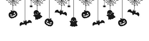 Happy Halloween banner or border with black bats, spider web, ghost and ...