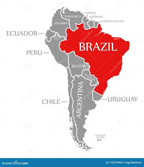 Brazil Red Highlighted in Continent Map of South America Stock ...