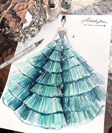 Fashion Illustration of Haute Couture Mint Gown