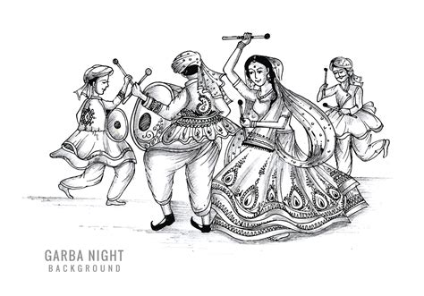 Beautiful couple playing dandiya in disco garba night sketch background ...