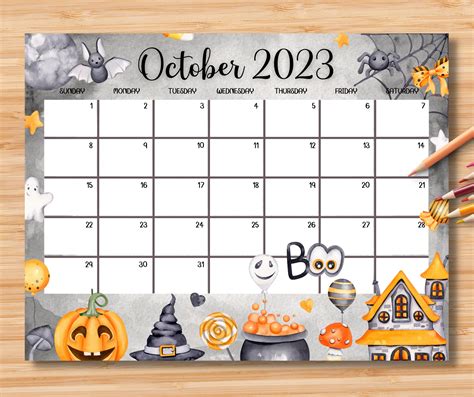 EDITABLE October 2023 Calendar Cute Spooky Halloween 2023 - Etsy Denmark