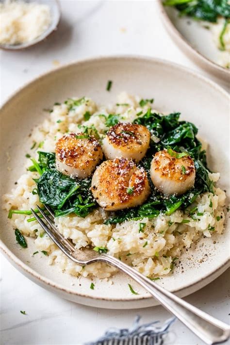 Scallops over Wilted Spinach Parmesan Risotto | Recipe Cart