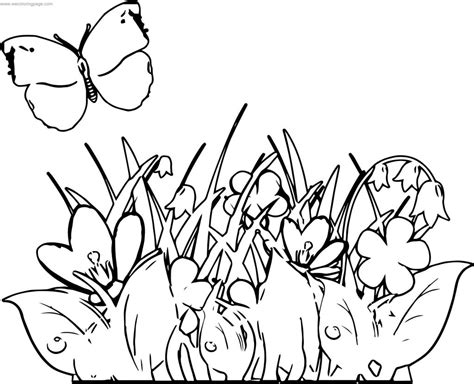 Purple Flowers Grass And Butterfly Clipart Coloring Page ...