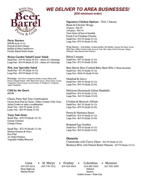 Beer Barrel Printable Menu