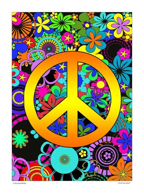 Peace sign and flowers poster, 1970s, 1960s, Retro, Hippie, Boho, wall ...