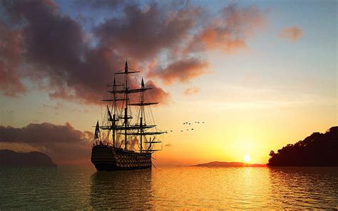 Tall ship anchored at sunset, sail ship, birds, sunset, sea, HD ...