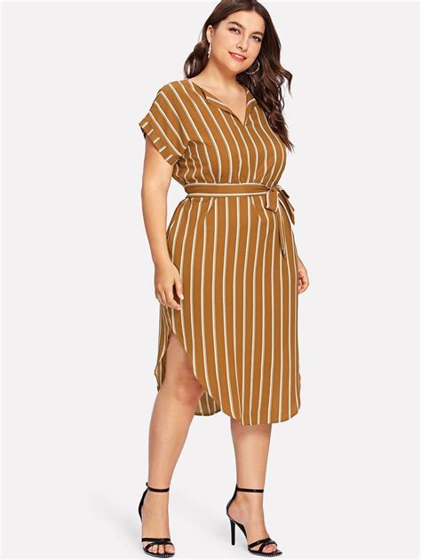 Plus Curved Hem Tie Waist Striped Dress -SheIn(Sheinside) | Plus size ...