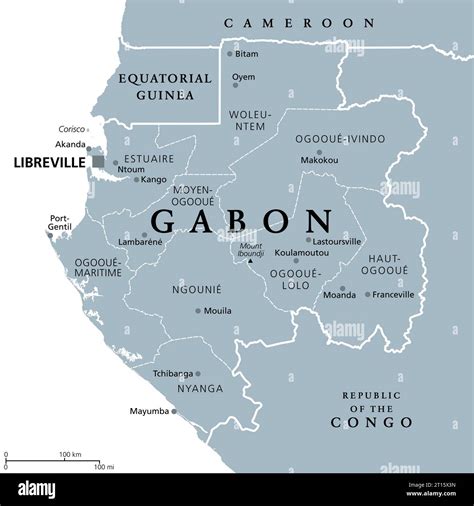 Gabon, gray political map with provinces. Gabonese Republic, with ...