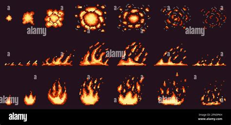 Pixel fire animation. Red hot flame, burning effect fire border and ...