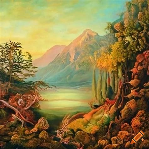 Oil painting of vibrant imaginary landscapes