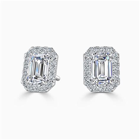 18ct White Gold Emerald Cut Halo Diamond Stud Earrings Diamond Earrings ...